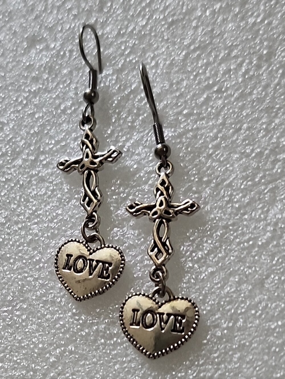 Hand Crafted Silver-Tone Cross & LOVE Heart Dangle Earrings